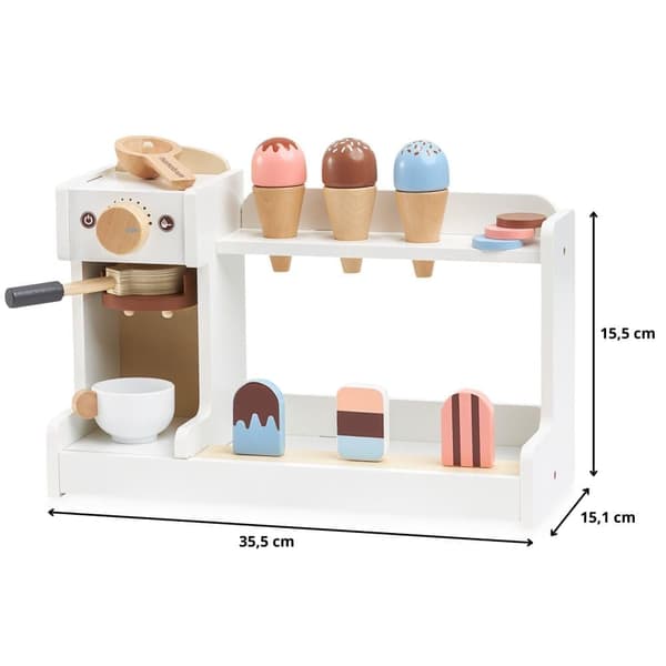 Mamabrum glassbar i trä med kaffemaskin för barn 3+, leksakskafé med tillbehör, rollspelsleksaker