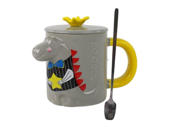 Keraaminen muki kannella Harmaa dinosaurus 400 ml