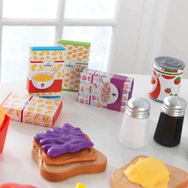 KidKraft - 115 kökstillbehör för barn inklusive frukt, grönsaker, pizza, låtsasvåfflor