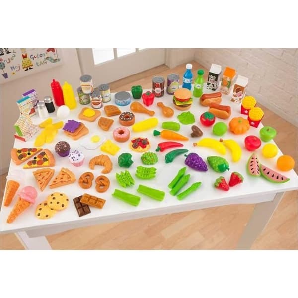 KidKraft - 115 kökstillbehör för barn inklusive frukt, grönsaker, pizza, låtsasvåfflor