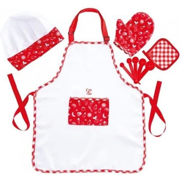 HAPE - Köksserie imiterat träspel - E3162 - Komplett outfit för matlagning med förkläde, kockmössa och tillbehör