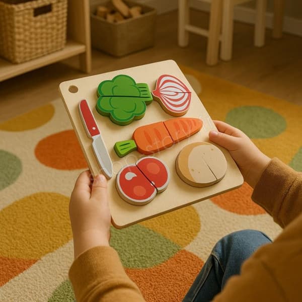 Set med träsnitt för frukter och grönsaker, Montessori-lärande leksak för kök och lekstuga för barn från 2 år.