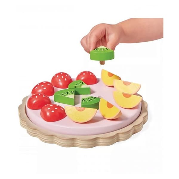 Träimitationsleksak - JANOD - Frukttårta - 1 syrlig bas - 5 persikor - 5 jordgubbar - 4 kiwi