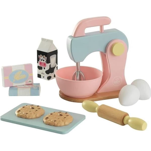 KidKraft - 10 träbakelsetillbehör för barnkök inklusive en mixer, en kavel och 2 kakor ingår - Pastell