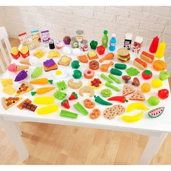 KidKraft - 115 kökstillbehör för barn inklusive frukt, grönsaker, pizza, låtsasvåfflor