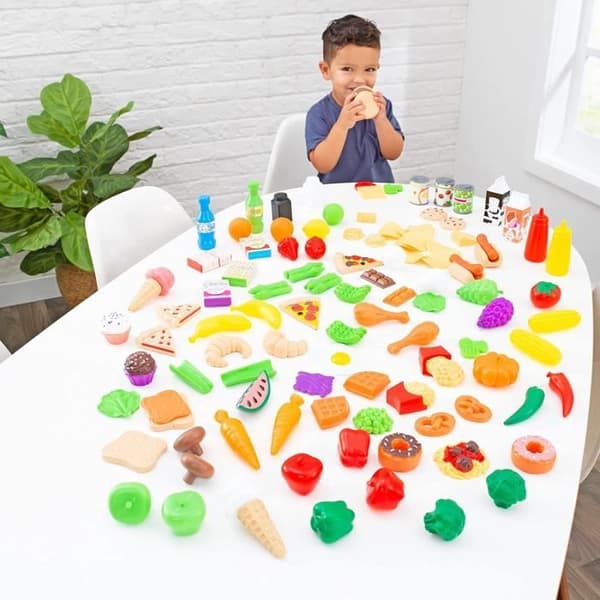 KidKraft - 115 kökstillbehör för barn inklusive frukt, grönsaker, pizza, låtsasvåfflor