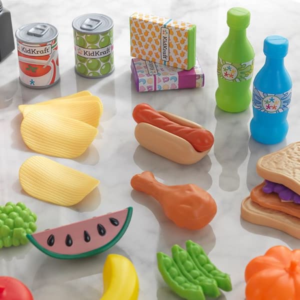 KidKraft - 65 delar köksleksaksset för barn, matplatstillbehör i plast, låtsasfruktgrönsaker