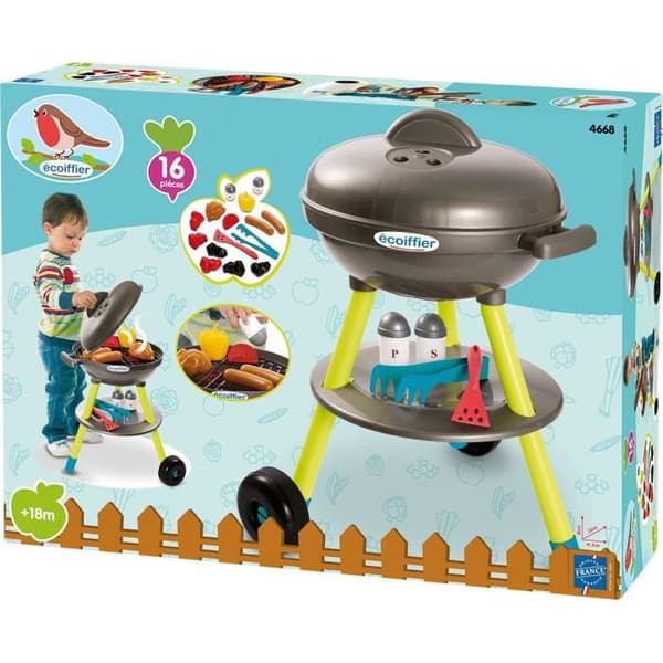 Ecoiffier Toys - Kolgrill + 16 tillbehör - Trädgårdsredskap för barn - Tillverkad i Frankrike