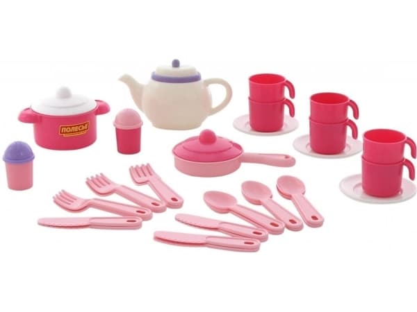 Polesie 59116 tallerkener vannkoker stekepanne bestikk kopp tallerken saltkanne pepper shaker "Nastka" for 6 personer 38 stykker i et rutenett