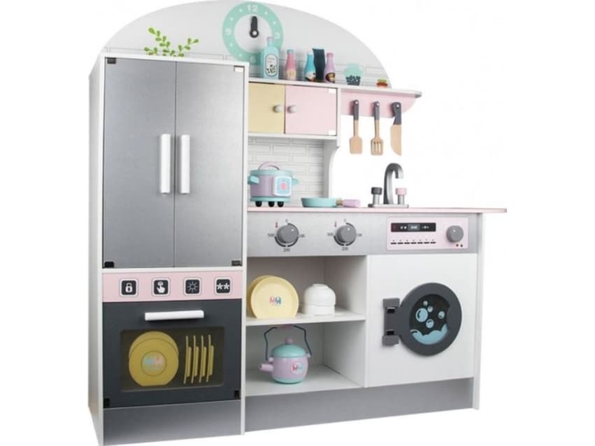 Painted forest. Large wooden kitchen with accessories and light