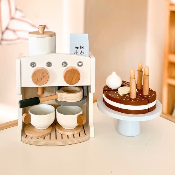 Mamabrum Kaffe- och tebryggare i trä för barn från 3 år, kaffebryggare med tillbehör, leksakscafé, rollspelsleksaker - barista, kock...