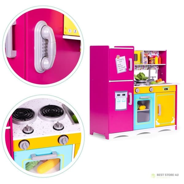 Stort träkök för barn, färgglatt, öppningsbart kylskåp, ugn, mikrovågsugn, ECOTOYS