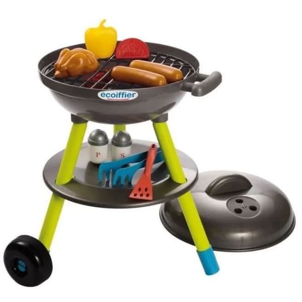 Ecoiffier Toys - Kolgrill + 16 tillbehör - Trädgårdsredskap för barn - Tillverkad i Frankrike