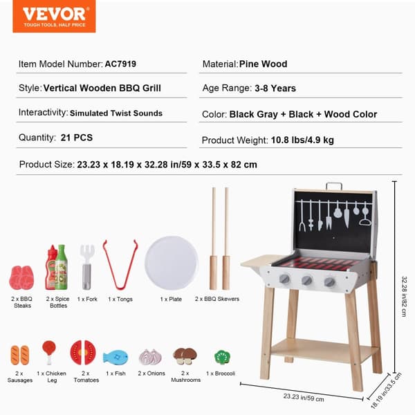 Træ BBQ Grill Legetøj, Simulerede Vridelyde, Vertikal Stil, 21 STK,21stk