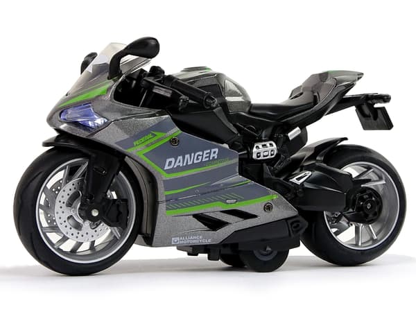 Sportsmotorcykel Grågrønne Striber 1:12 Pull-Back Drive Sound Lights