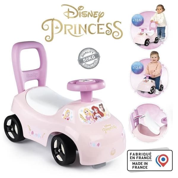 Smoby - 2 yhdessä lasten autokuljetuskärry - Disney Princess - Satulan alla oleva laatikko + äänitorvi - 10 kuukauden iästä alkaen - Valmistettu Rans