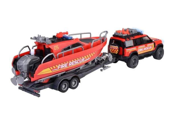 Majorette Land Rover Brandbil med båt på släp