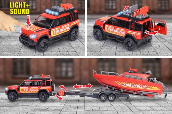 Majorette Land Rover Brandbil med båt på släp