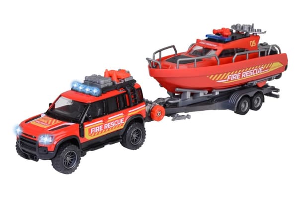 Majorette Land Rover Brandbil med båt på släp