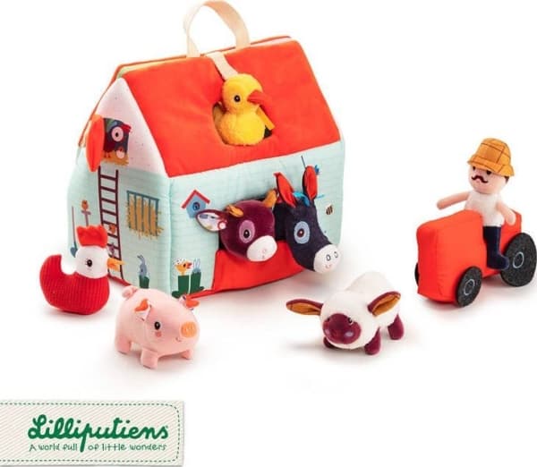Lilliputiens bondgård - vikbart hus med 6 djur, bonde och traktor