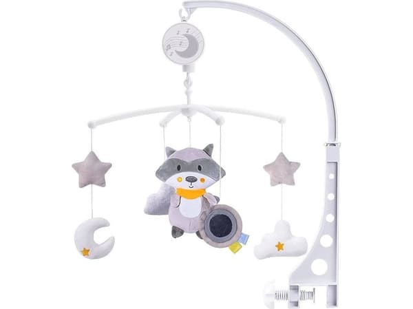 LeanToys Spjälsängskarusell plysch tvättbjörn Grå Melody