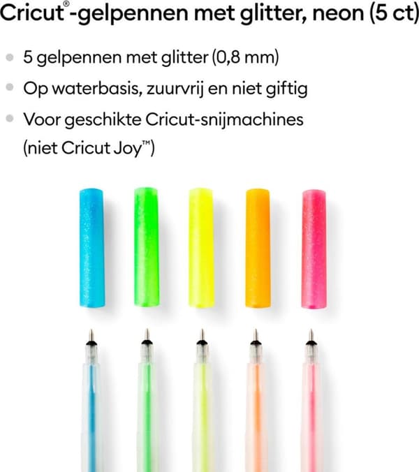 Cricut Glitter Gel 0,8 mm, sæt med 5 neon penne (2009961)