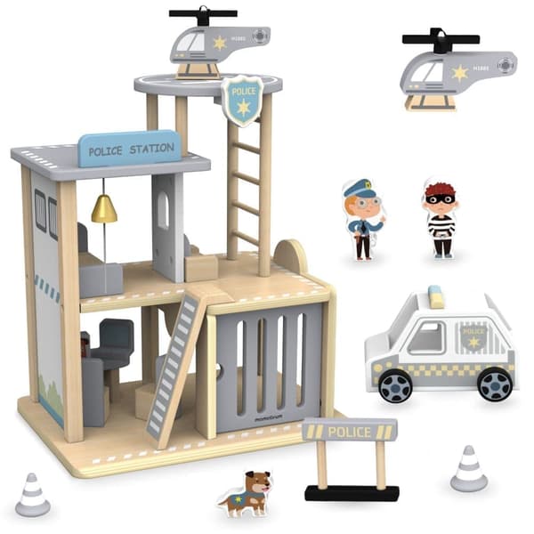 Mamabrum, træ politistation med tilbehør, politistation, politibil, helikopter, politihund, politimand, skurk, politiafspærring