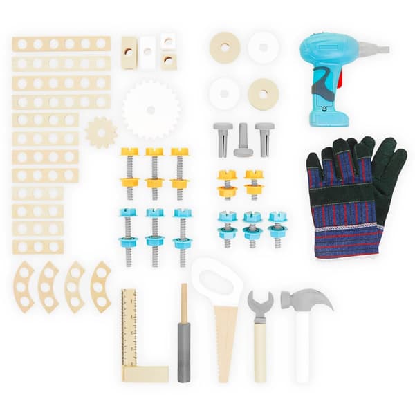 Stor träverkstad med verktyg XXL - gör-det-själv-set, 74 element, arbetsbänk, borrmaskin