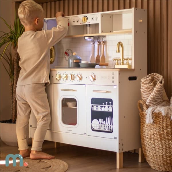 Mamabrum Barnkök i trä med LED-belysning, XXL interaktiv leksak med mikrovågsugn, kaffebryggare, ugn, diskho, tillbehör