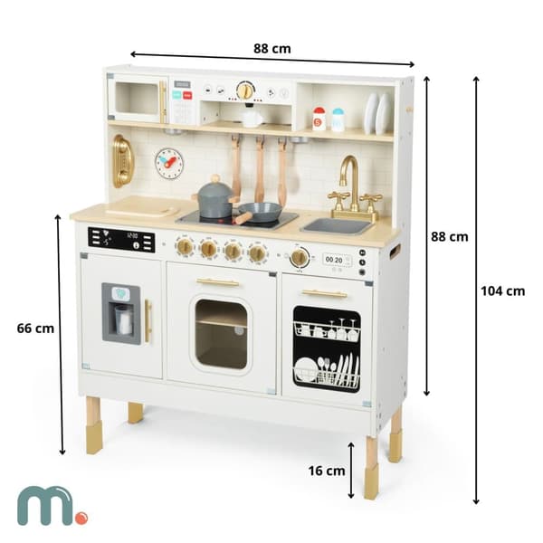 Mamabrum Barnkök i trä med LED-belysning, XXL interaktiv leksak med mikrovågsugn, kaffebryggare, ugn, diskho, tillbehör