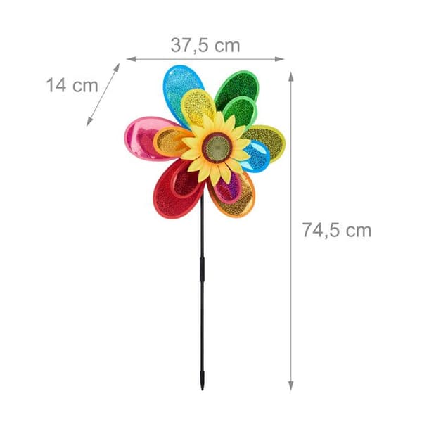 Relaxdays Flower Windmill, Wind Chime Barnleksak Trädgård Balkong Fågelskrämma HxBxD 74,5 x 37,5 x 14 cm, Färgglad