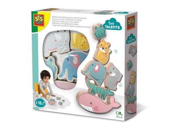 SES Creative Tiny Talents Balance and stacking game wooden animals, 1,5 År, Kartong, Multifärg