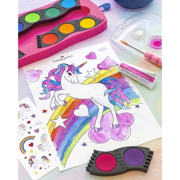 Faber Castell FC-125002 Connector Akvarel Box 12 farver + 1 Tube Rainbow Glitter og Unicorn Stickers
