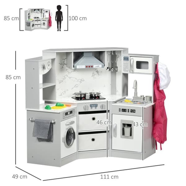 Rootz Children's Wooden Kitchen - Kids Toy Set - Play Cooking Set - Fremme kreativitet - 111 x 49 x 85 cm - Grå hvid