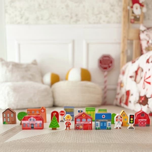 TOOKY TOY Puinen rakennusten ja hahmojen sarja Kaupunki