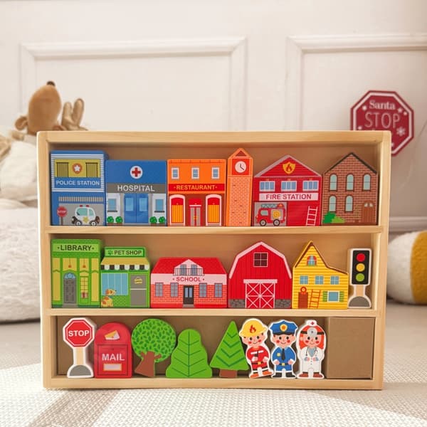 TOOKY TOY Puinen rakennusten ja hahmojen sarja Kaupunki