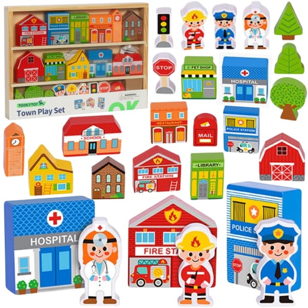 TOOKY TOY Trä Uppsättning av Byggnader och Figurer Stad