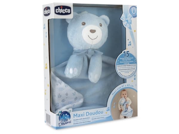 Pehmoinen nalle huovan kanssa 47x40 MAXI DOUDOU sininen Chicco