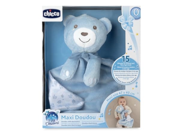 Pehmoinen nalle huovan kanssa 47x40 MAXI DOUDOU sininen Chicco