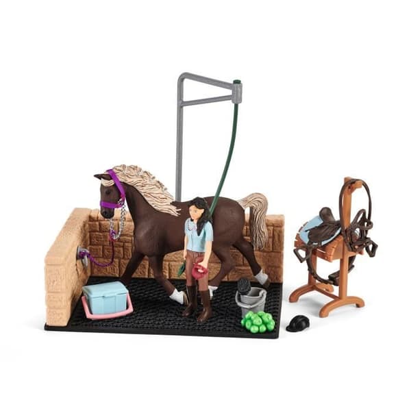 Emily och Luna hästtvättlåda, Schleich lekset med 19 delar inklusive 1 Schleich häst, stallfigurer lekset