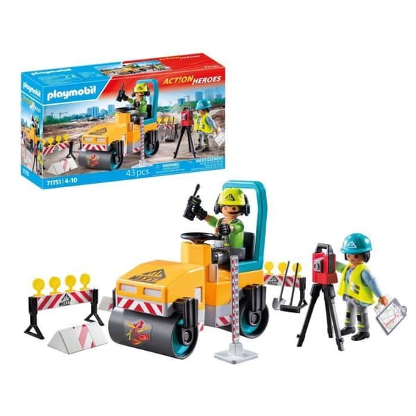 PLAYMOBIL 71751 Bygningsarbejdere med damptromle og signalanlæg, Actionhelte, Byggeri, 43 dele, Fra 4 år