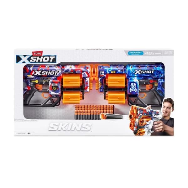 Blasters Pack - ZURU - XSHOT Skins Dread 2PK - Pyörivät kaksipiippuiset blasterit, joissa on 48 nuolta ja 27 metrin ampumamatka