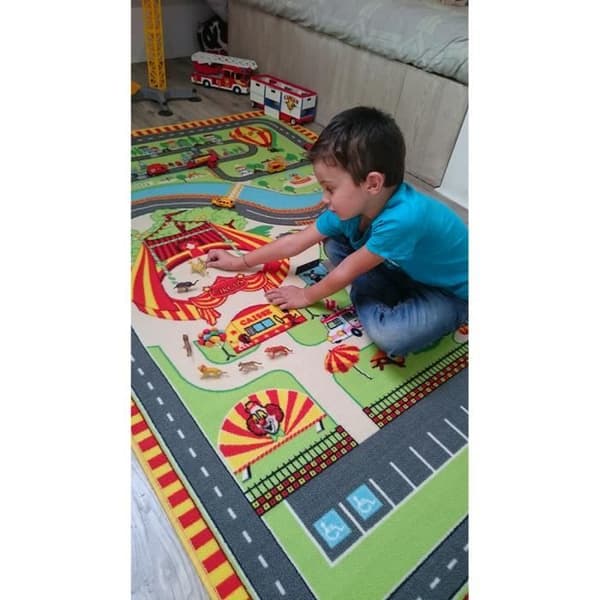 Lekmatta för barn - TAPITOM® - Cirkus med stor topp och vägar för små bilar - 130 x 200 cm