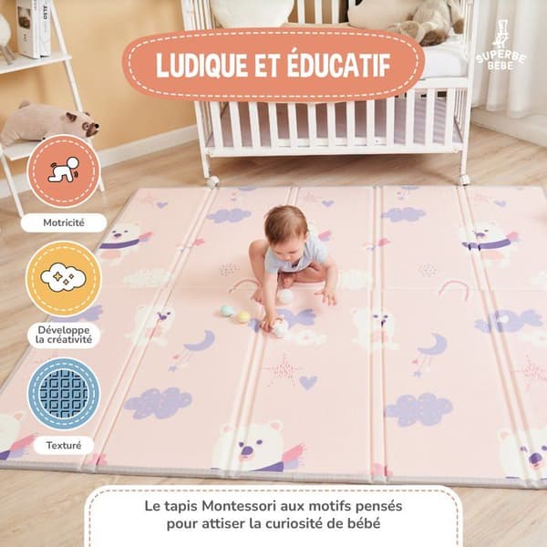 Barnmatta/leksaksmatta för barn baby 180x200x1,5 cm XXL i tjockt hopfällbart vändbart skum - motorikmatta som främjar.