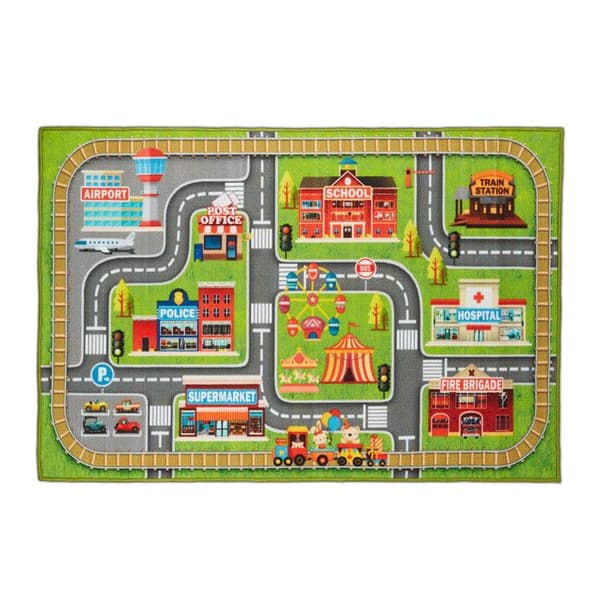 Relaxdays Bilspelmatta, stadsmönster, halkfri, för ditt barn, polyester, L x B 150 x 100 cm, färgglad