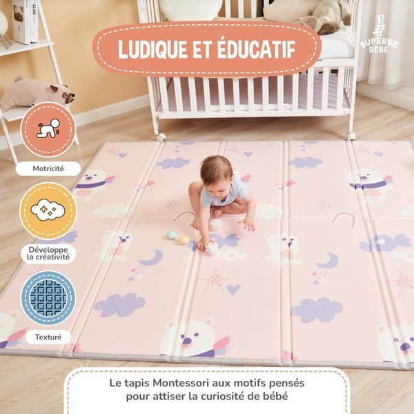 Barnmatta/leksaksmatta för barn baby 180x200x1,5 cm XXL i tjockt hopfällbart vändbart skum - motorikmatta som främjar.