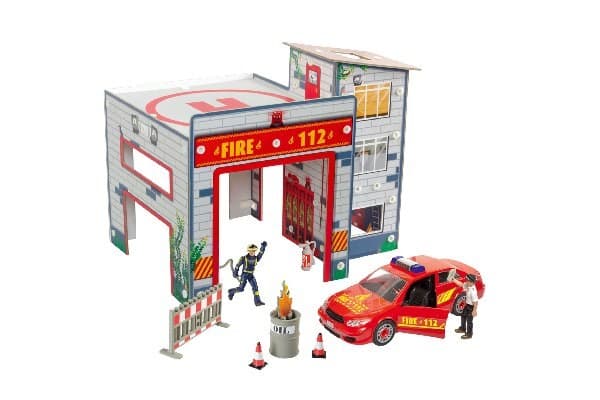 Revell Junior Kit 00850 Leikkisarja paloasema, jossa leikkisä paloasema, auto, hahmot ja tarvikkeet 4 ruuvijärjestelmällä varustettu sarja 4-vuotiail