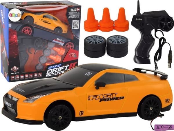 LeanToys kauko-ohjattava urheiluauto R/C 1:24 keltainen vaihdettavat pyörät