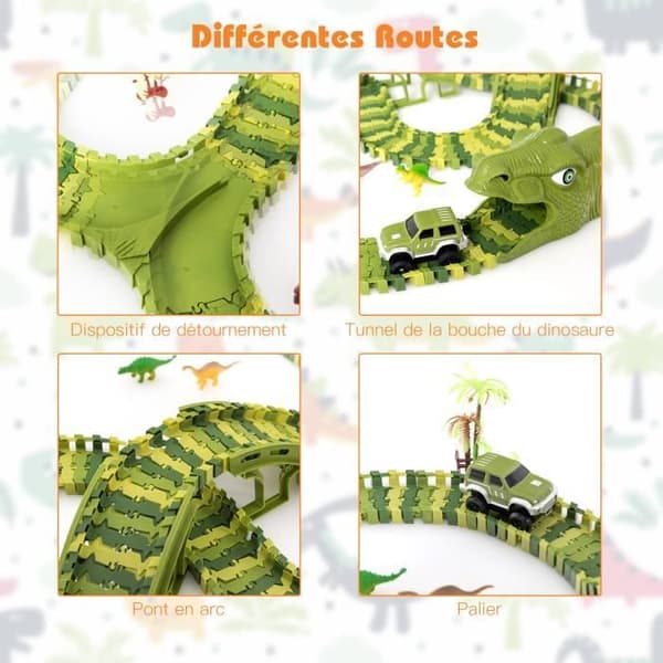 DREAMADE flexibel dinosauriebilbana, grön bilbana med 240 delar, pedagogisk leksak, idealisk för barn från 3+