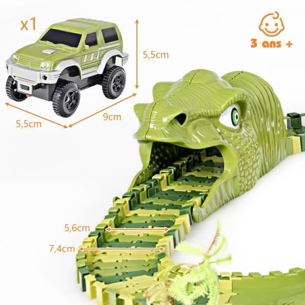 DREAMADE flexibel dinosauriebilbana, grön bilbana med 240 delar, pedagogisk leksak, idealisk för barn från 3+